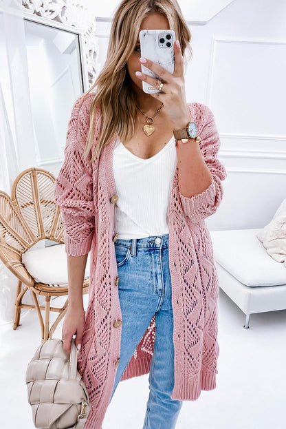 Khaki Hollow-out Openwork Knit Cardigan - Tatieonline