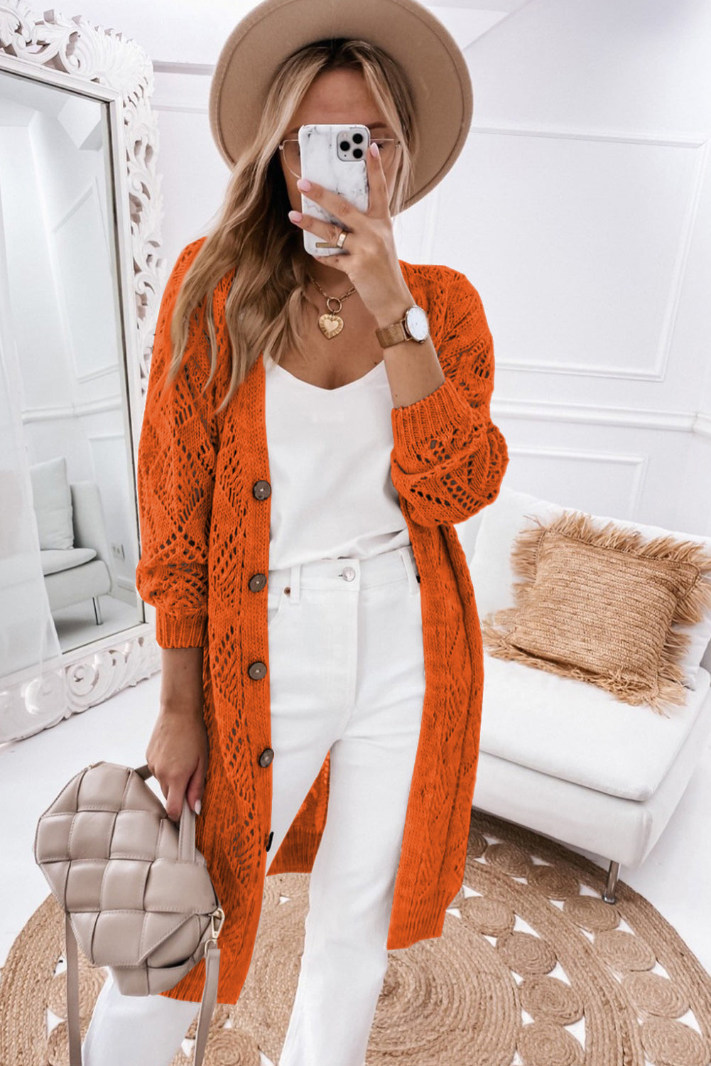 Khaki Hollow-out Openwork Knit Cardigan - Tatieonline