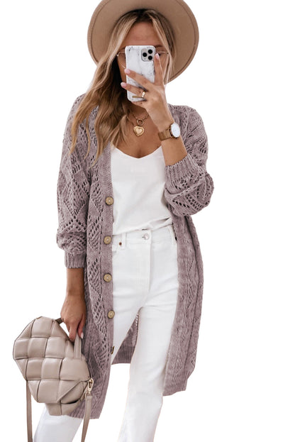 Khaki Hollow-out Openwork Knit Cardigan - Tatieonline